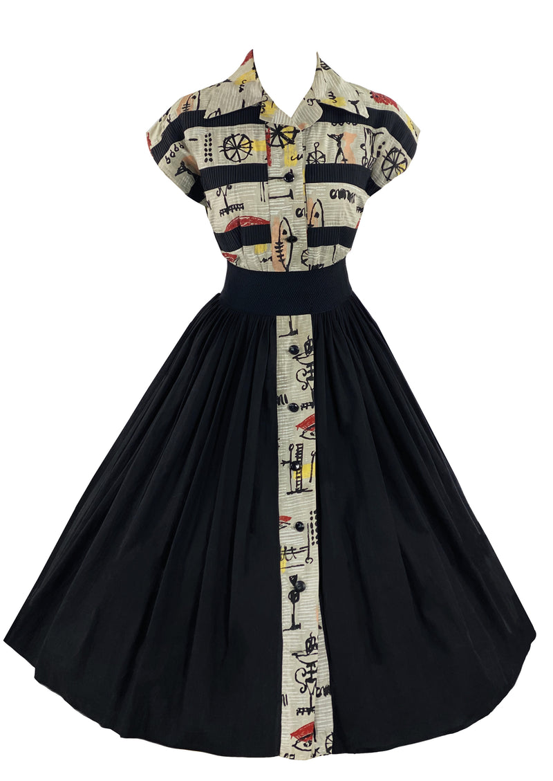 Stunning 1950s Black Primitive Art Print Cotton Dress - NEW!