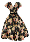 Striking Late 1950s Pink Cabbage Roses on Black Taffeta Dress- NEW!