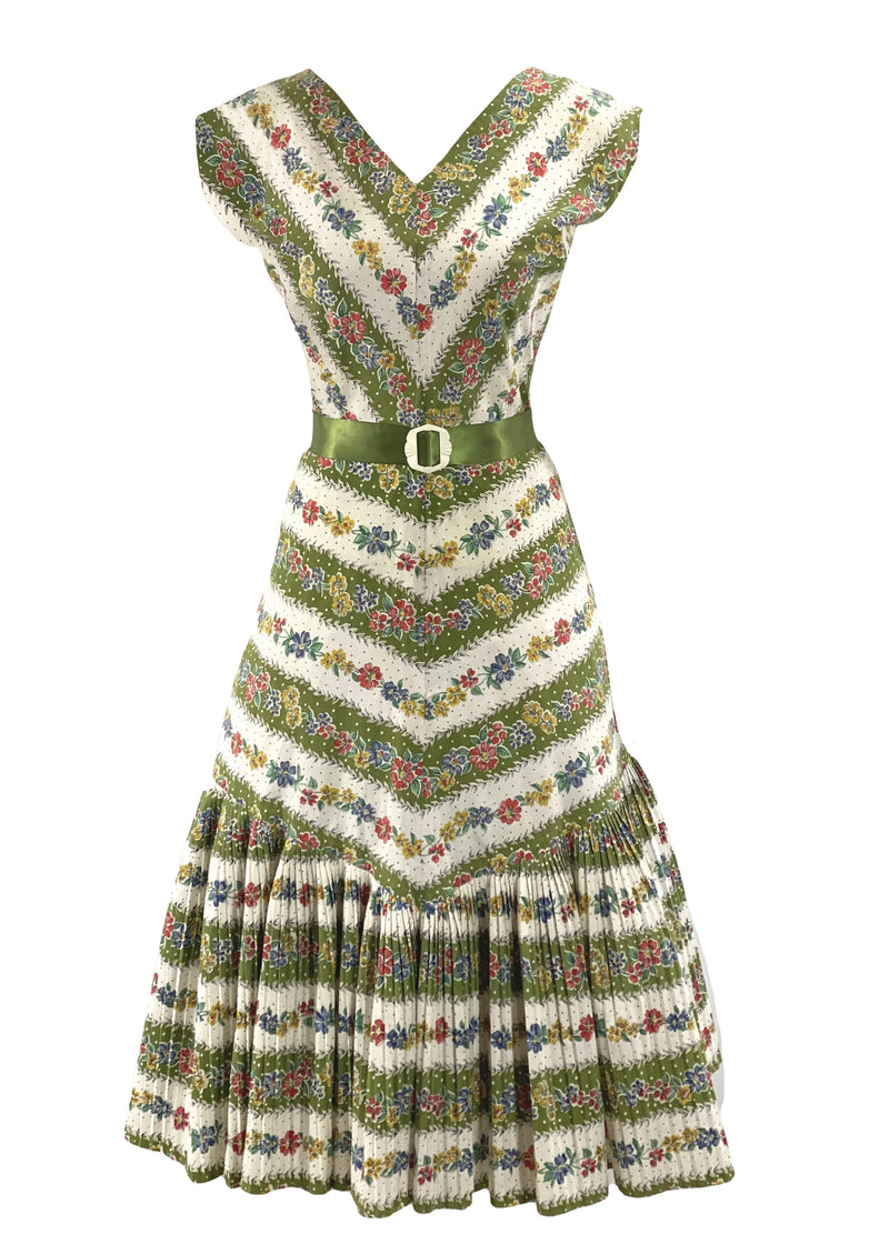 Vintage 1950s Green and White Floral Chevon Stripe Dress- New!