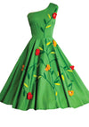 1950s Apple Green Cotton Floral Applique Dress- New!