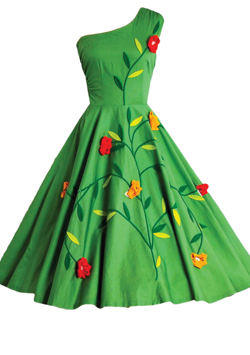 1950s Apple Green Cotton Floral Applique Dress- New! Coutura Vintage 1950s Apple Green Cotton Floral Applique Dress- New! Coutura Vintage
