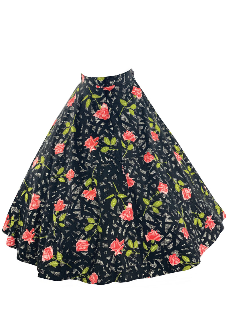 Vintage 1950s Pink Roses on Black Flannel Skirt- New!