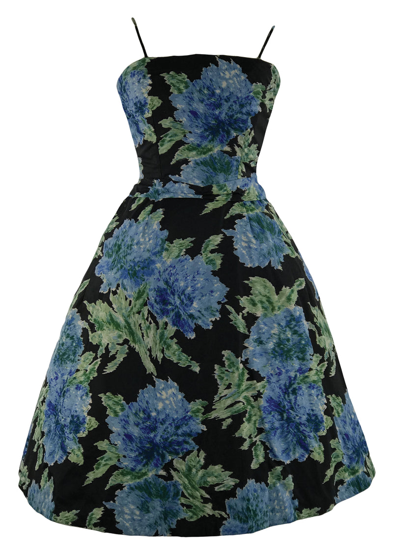 1950s Muted Blue Roses Taffeta Party Dress- New!