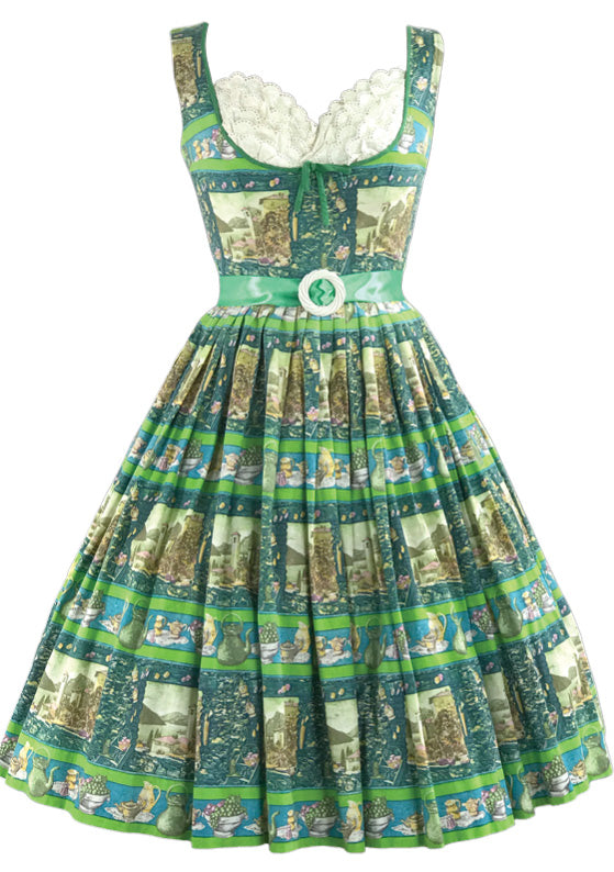 Late 1950s Scenic French Novelty Print Cotton Dress- New!