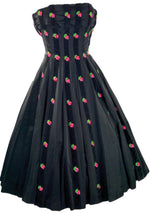 1950s Pink Roses Embroidered Black Satin Party Dress - New!