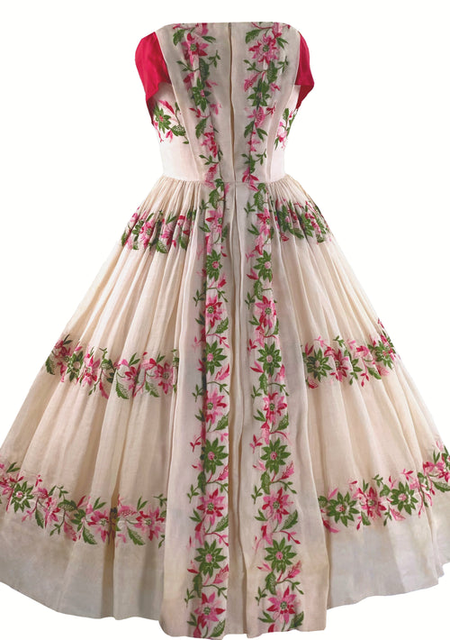 1950s Designer Floral Embroidered Organdie Dress - New!