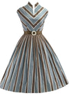 1950s Blue and Brown Chevron Stripe Cotton Dress- New!