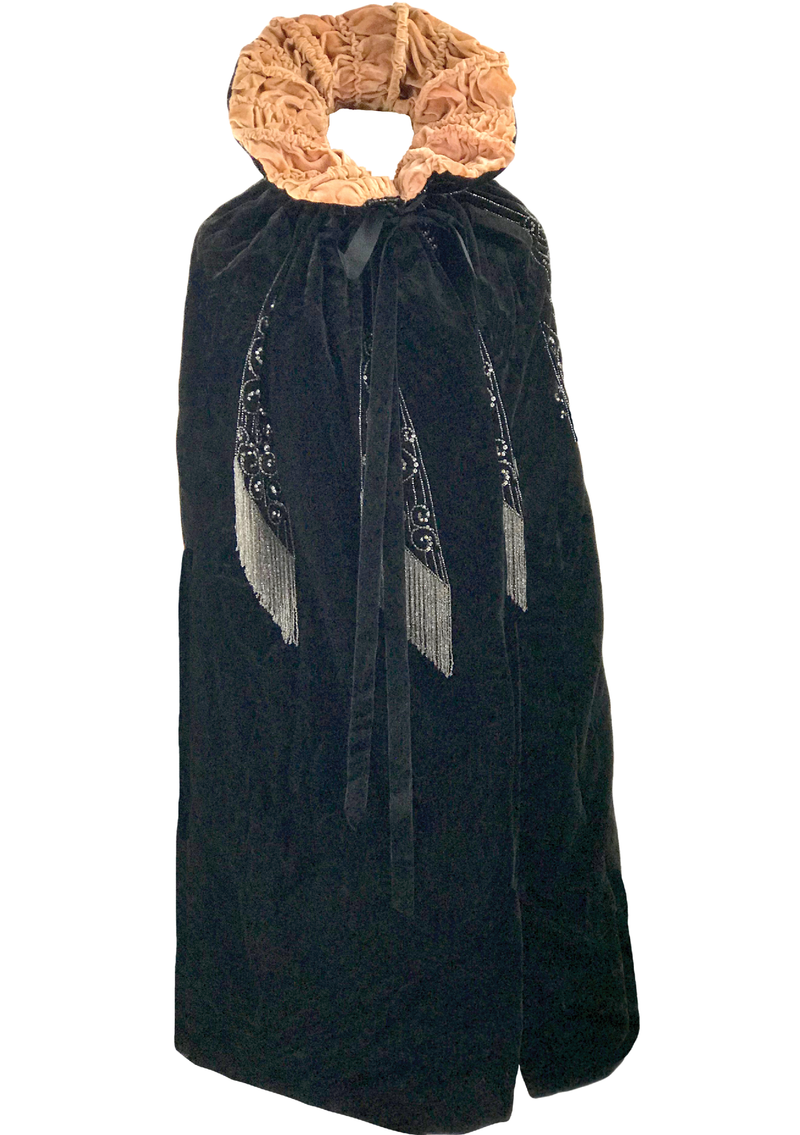 Vintage 1920s Rhinestone Studded Black Silk Velvet Cape - New!