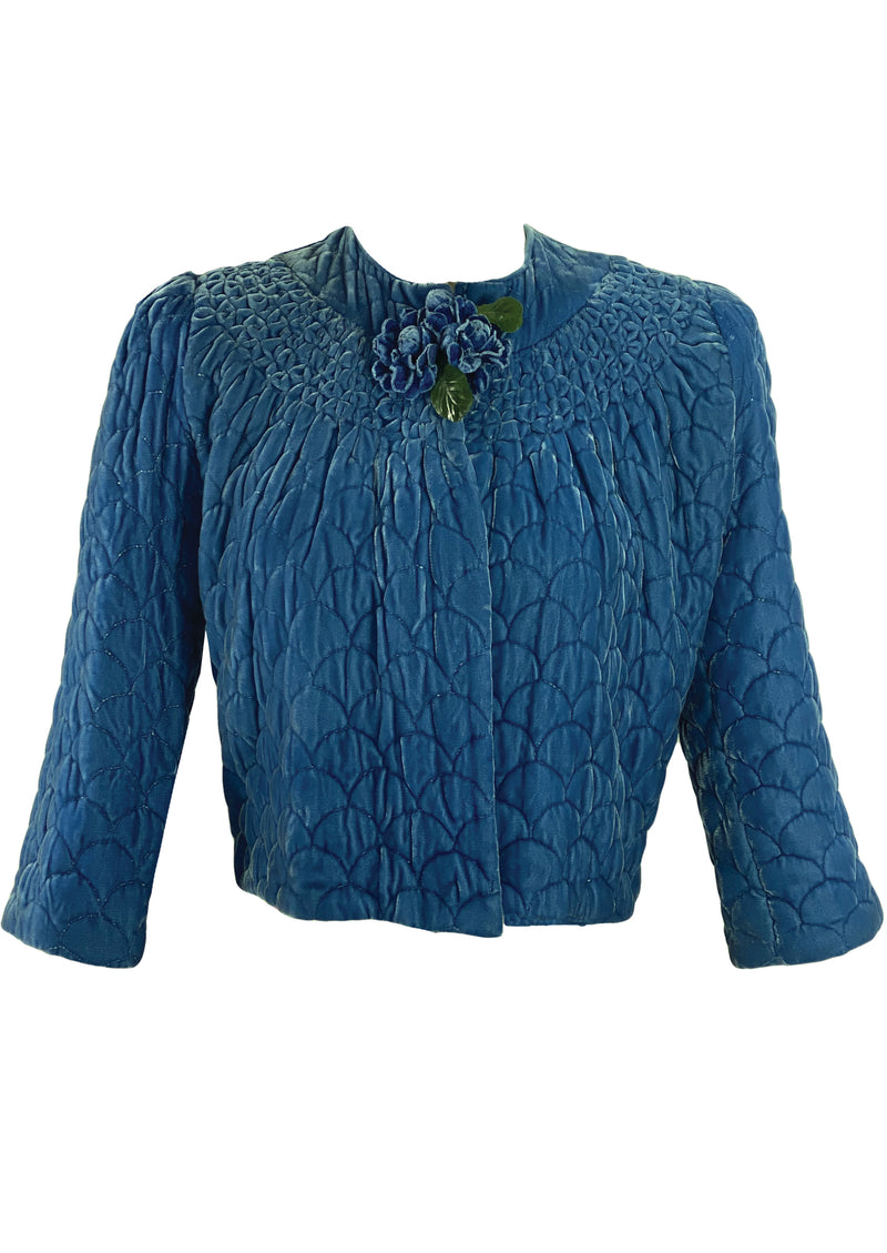 Vintage 1940s Quilted Blue Silk Velvet Jacket- New!