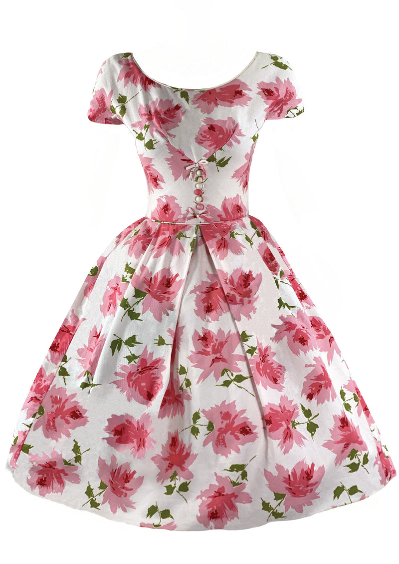 Vintage 1950s Large Pink Roses Pique Cotton Dress - New