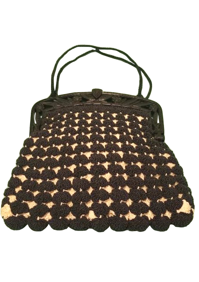 Vintage 1940s Brown & Cream Crochet Purse  - New!