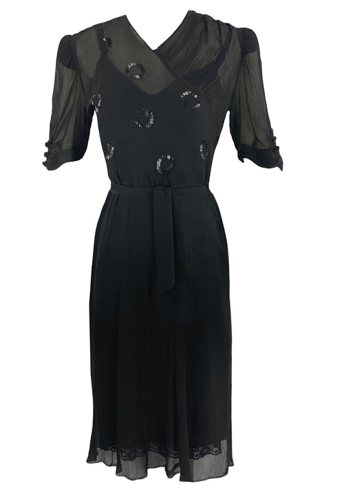 Vintage 1930s Crepe Chiffon Black Dress- New!
