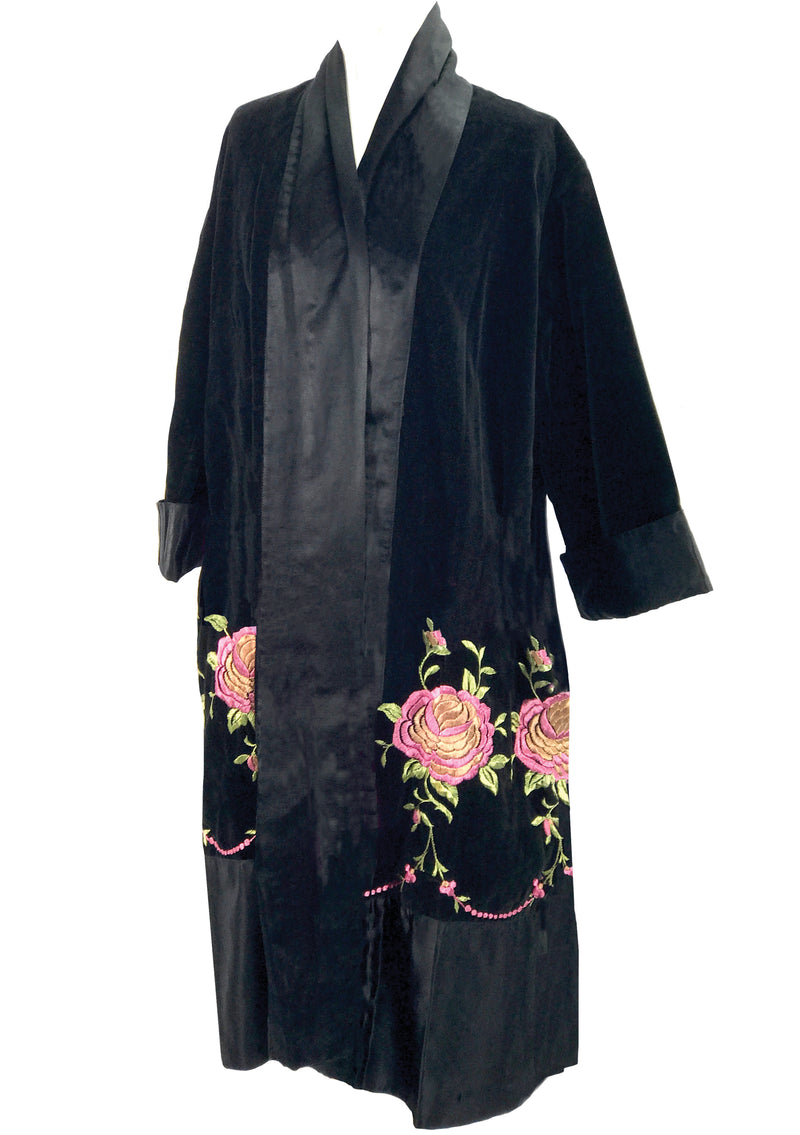 Vintage 1920s Black Velvet Coat with Pink Floral Embroidery  - New!