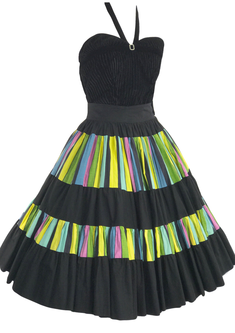 Vintage 1950s Black & Rainbow Stripes Cotton Skirt - New!