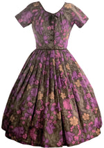 Vintage 1950s Chocolate, Purple & Pink Floral Dress  - New!