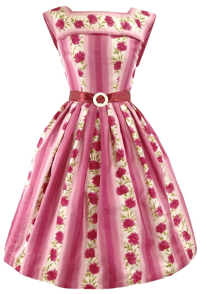 Vintage 1950s Pink Carnations & Stripes Cotton Dress - New!