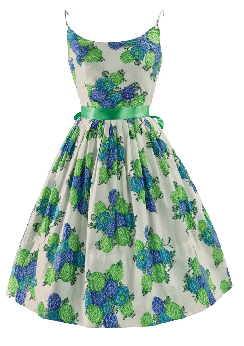 Vintage 1950s Blue Green Geranium Sprays Cotton Dress - New!