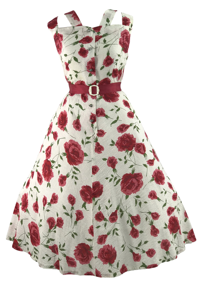 Gorgeous 1950s Magenta Roses Seersucker Cotton Sundress - New!