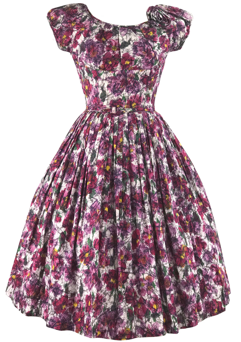 1950s Painterly Floral Cotton Dress With 3D Flower- New!