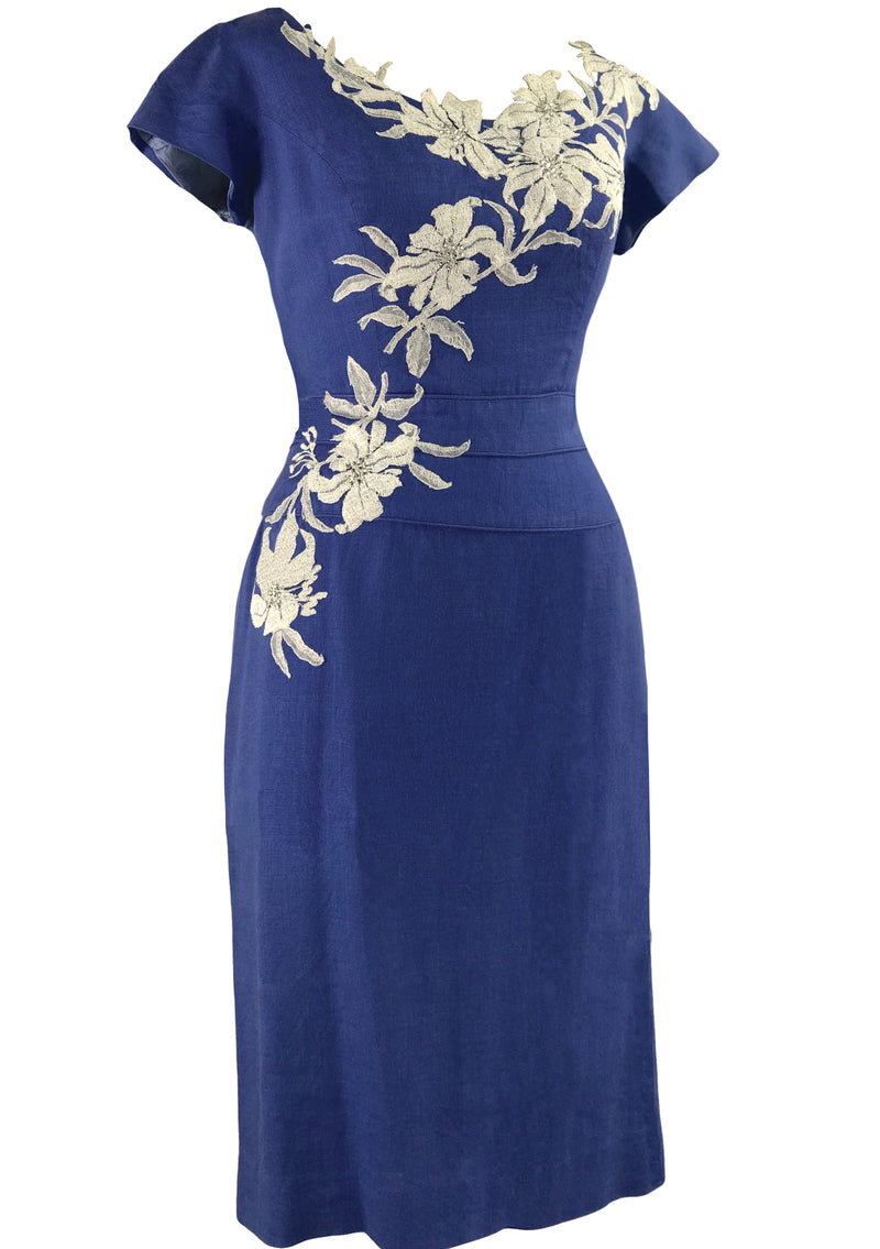Vintage 1950s Designer Cobalt Blue Linen Dress- New!