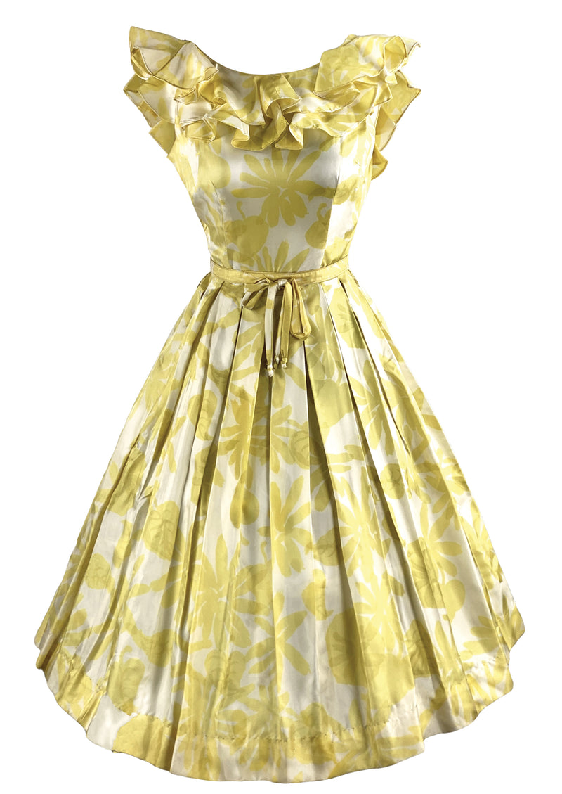 Vintage 1950s Gold and White Abstract Floral Dress - NEW!