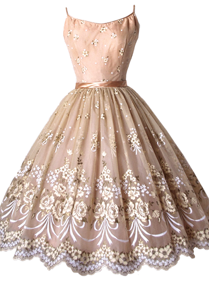 1950's Peach Painted Floral Chiffon Party Dress- New !