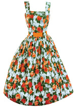 Vintage 1950s Tangerine Roses Cotton Dress- New!