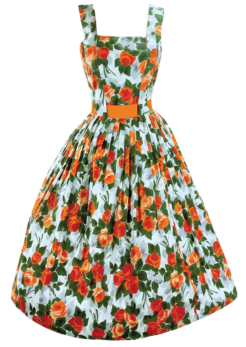 Vintage 1950s Tangerine Roses Cotton Dress- New!