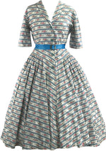 Vintage 1950s Pink Floral Cotton with Blue Stripes- New!