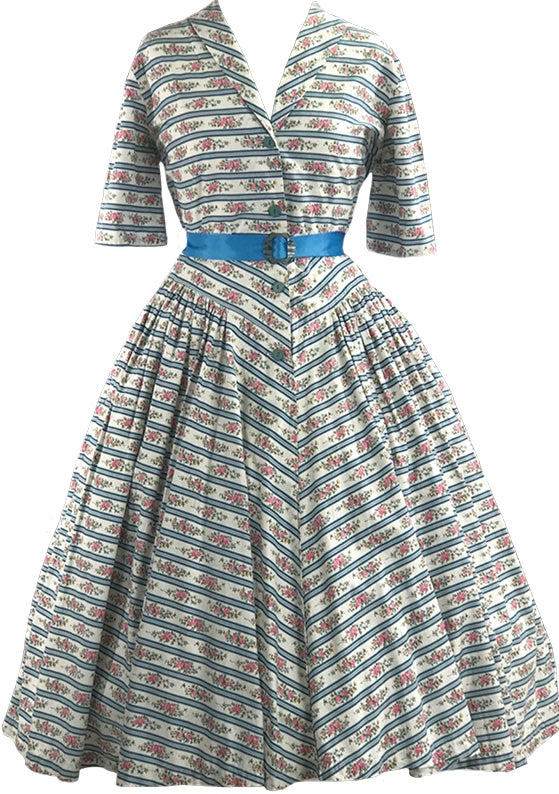 Vintage 1950s Pink Floral Cotton with Blue Stripes- New!
