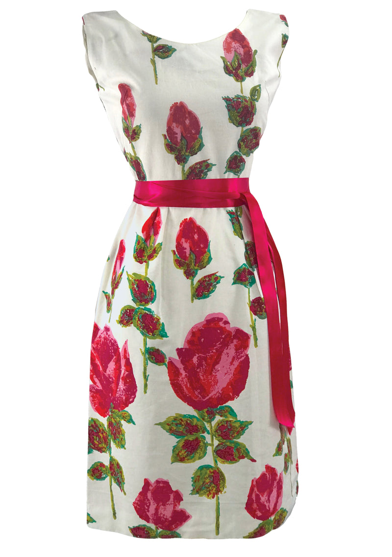 Stunning 1960s Huge Magenta Stem Roses Wiggle Dress - New!