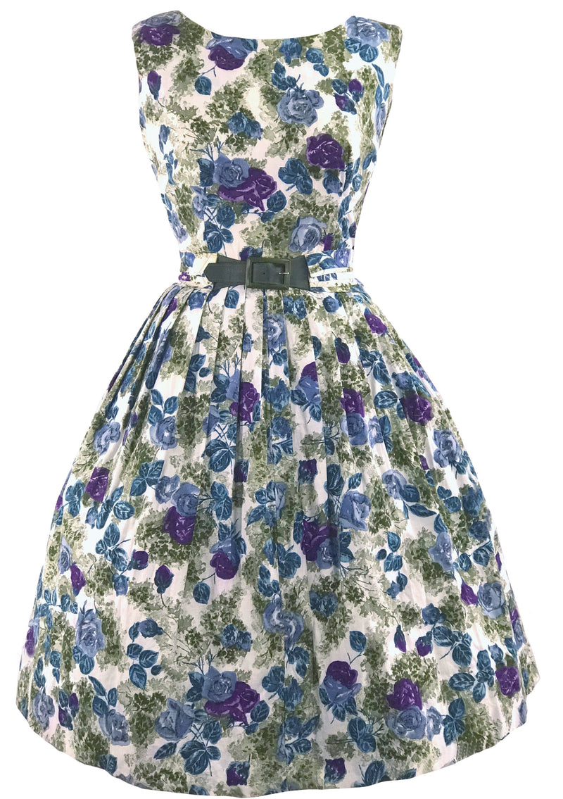 Vintage 1950s Purple & Blue Rose Print Dress- New!