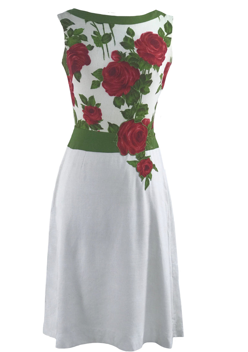 Vintage 1960s White Linen Dress with Red Roses- New! (RESERVED)