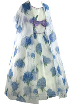 1950s Blue Hydrangea Chiffon Party Dress Ensemble - New!
