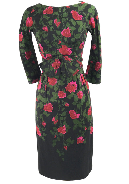 Original 1950s Pink Roses on Black Silk Dress - New!