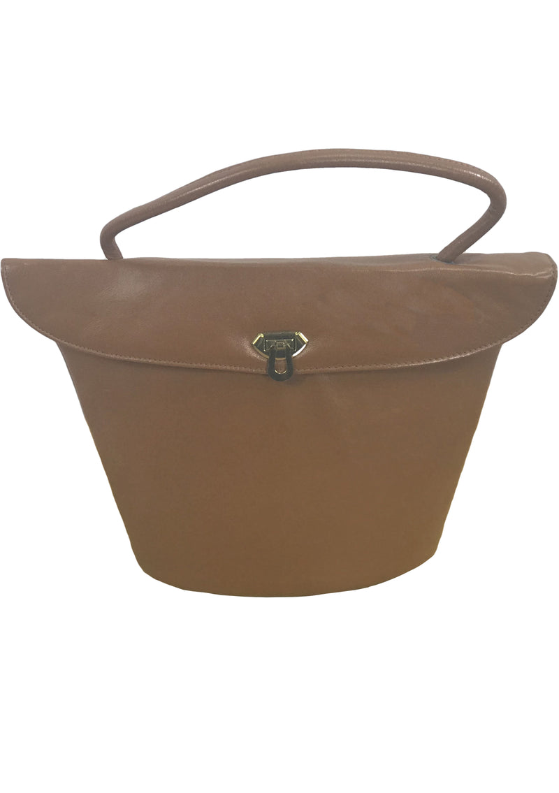 Classic 1950s Brown Faux Leather Bucket Handbag- New!