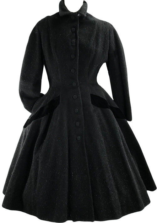 1950s Couture Lilli Ann Black Wool Princess Coat- New!