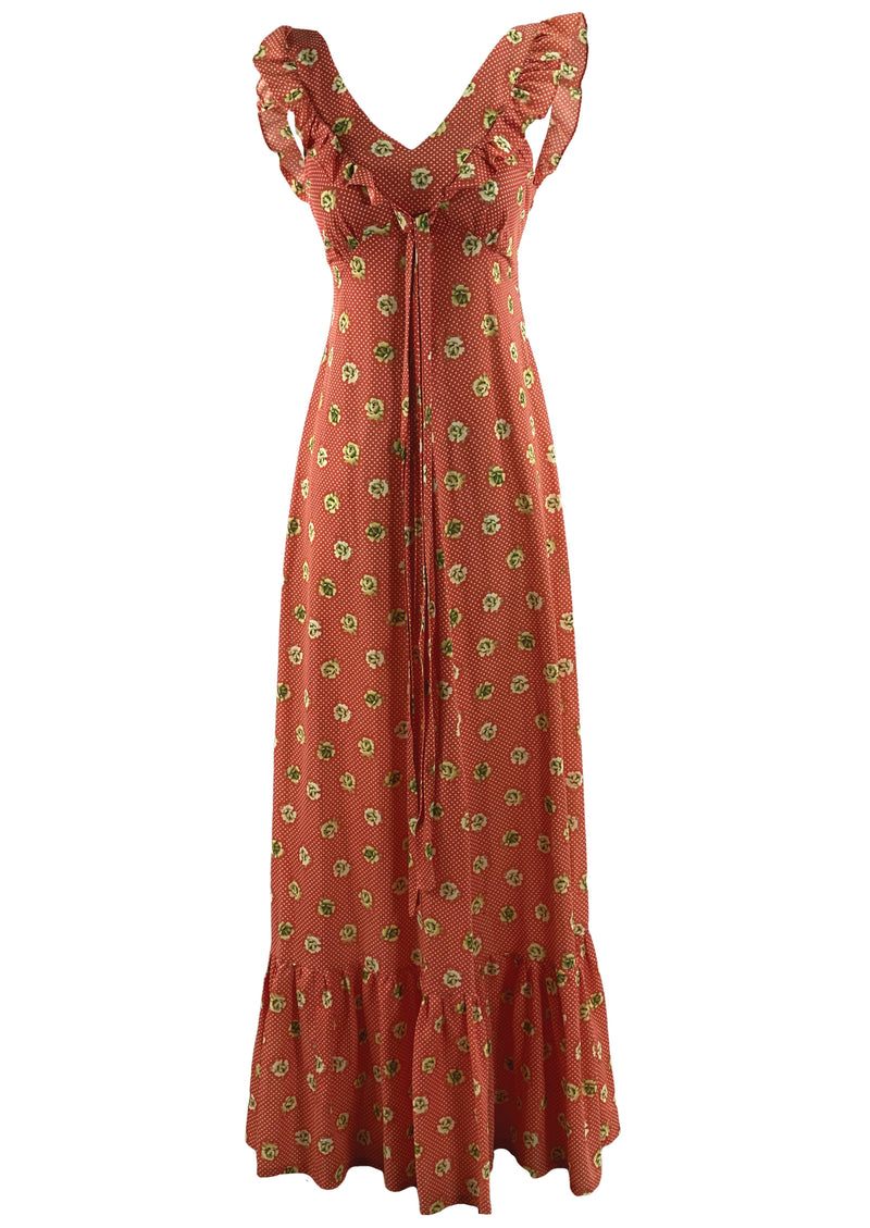 1970s Rose Print Maxi Dress with Frills