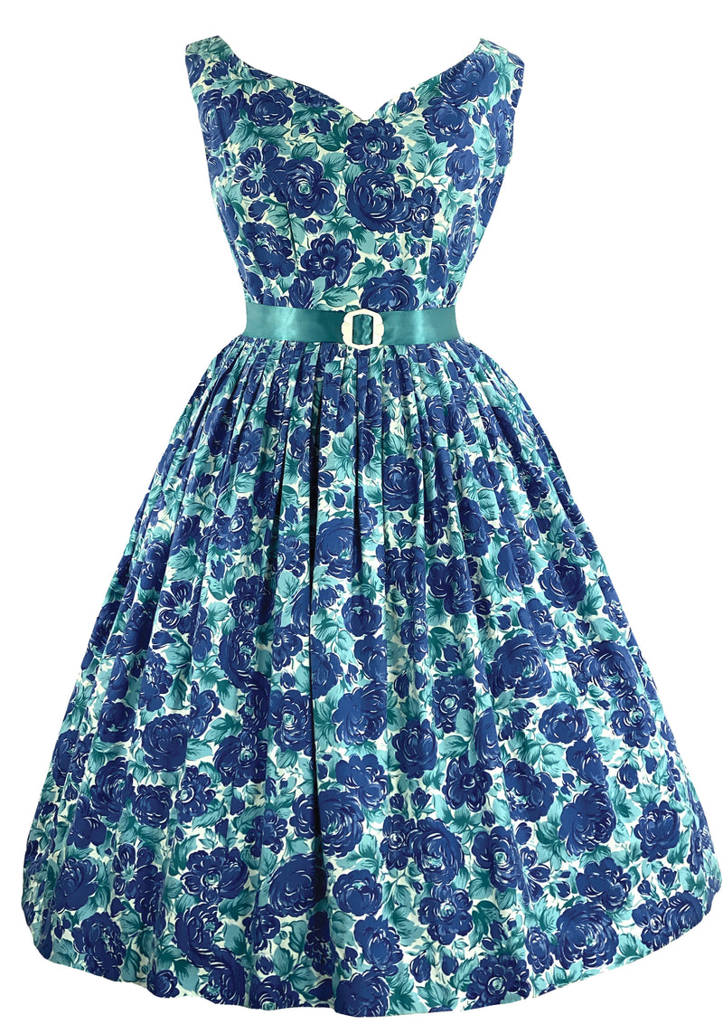 Vintage 1950s Turquoise and Blue Roses Dress - New!