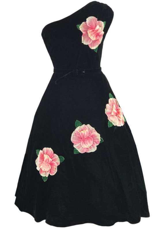 1950s Designer Black Velvet 3D Rose Appliques Dress - New!