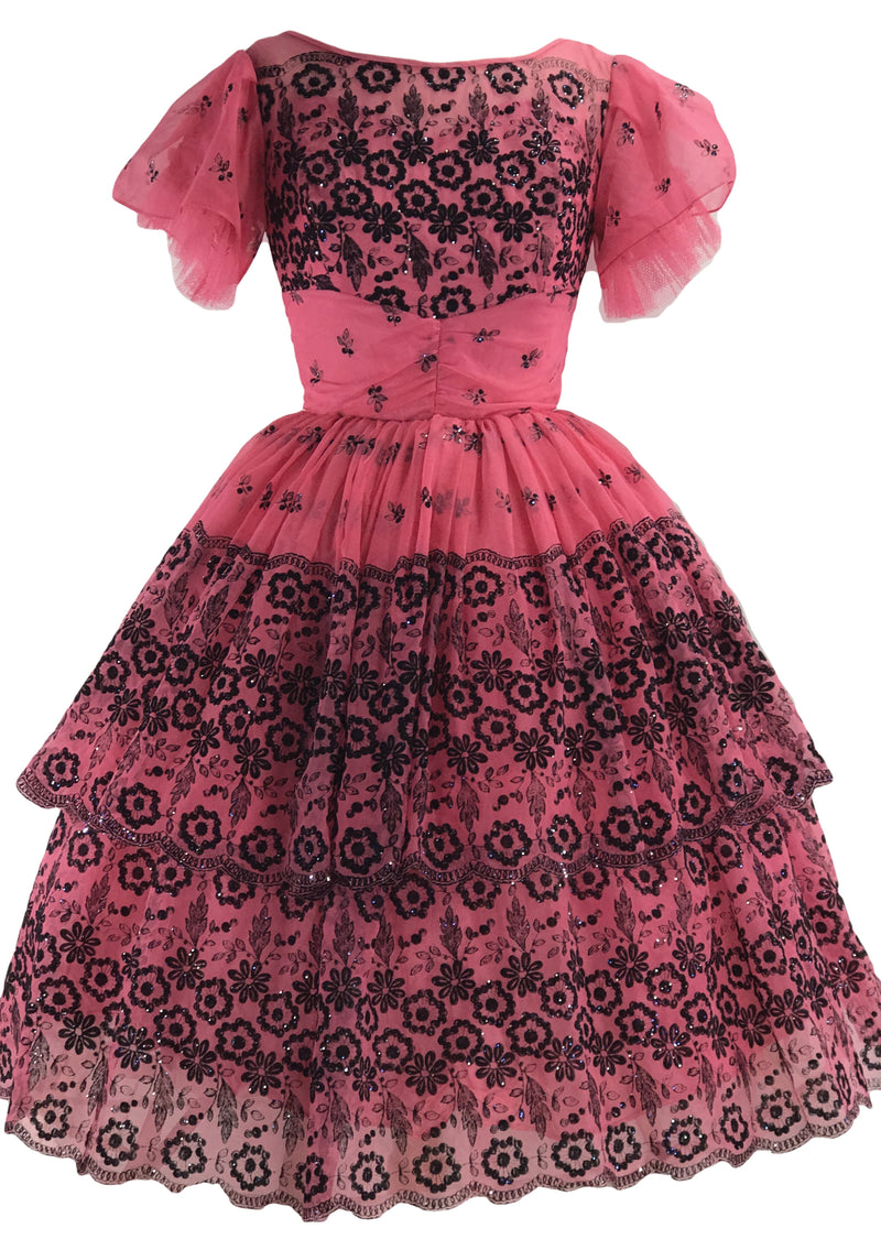 Stunning 1950s Pink Flocked Party Dress- New!
