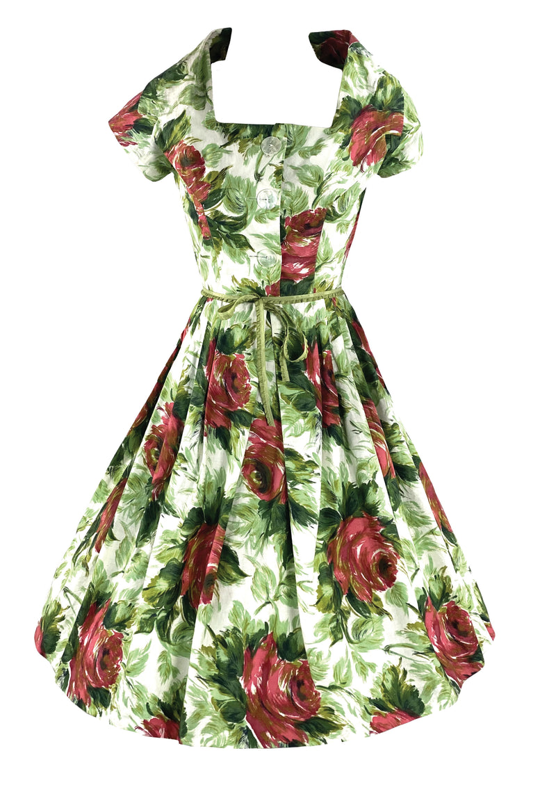 Vintage 1950s Large Red Roses with Green Leaves Dress - NEW!