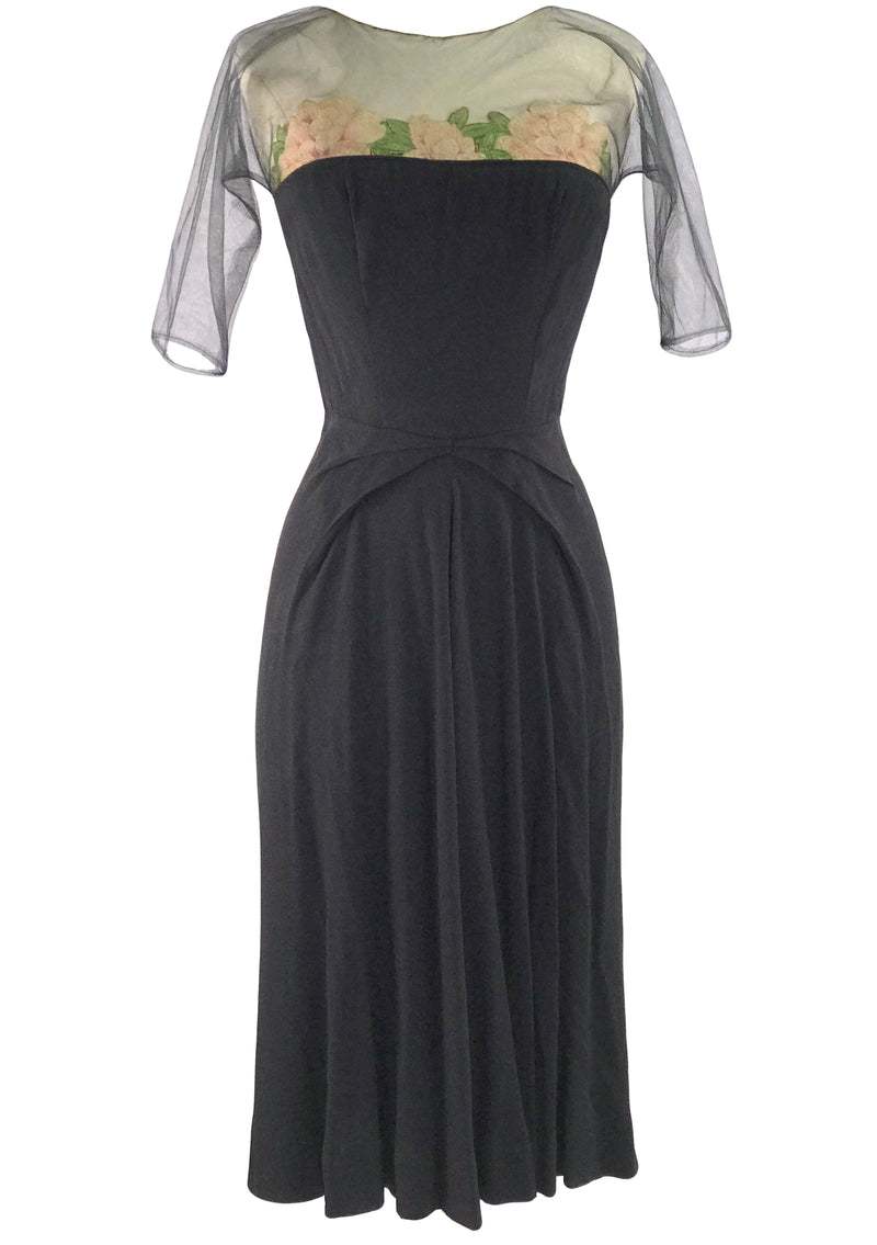 Rare 1940s Black Rayon Couture Dress with Embroidered Roses - New!