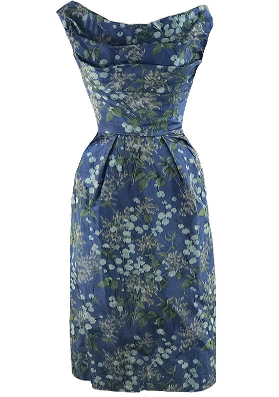 Sensational 1950s Draped Blue Floral Silk Cocktail Dress - New!