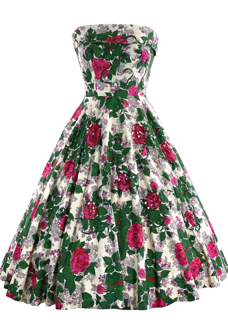 Knockout 1950s Magenta Roses Cotton Dress - New!