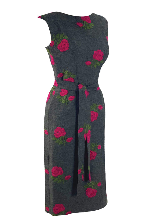 Early 1960s Magenta Roses Wool Wiggle Dress - New!