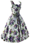 Stunning 1950s Violet Sprays Cotton Designer Dress with Rhinestones - New!