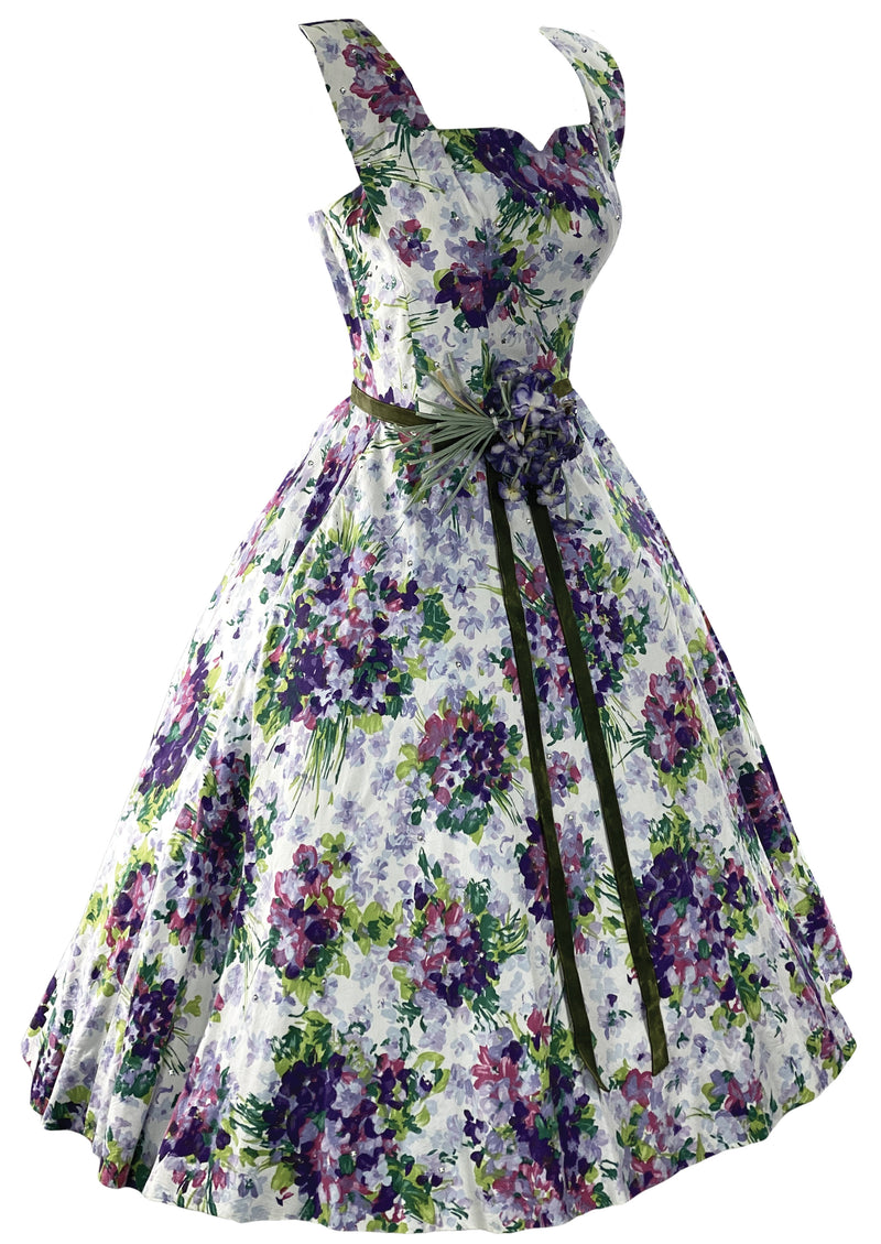 Stunning 1950s Violet Sprays Cotton Designer Dress with Rhinestones - New!