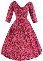 Gorgeous 1950s 1960s Magenta Roses Cotton Dress  - New!