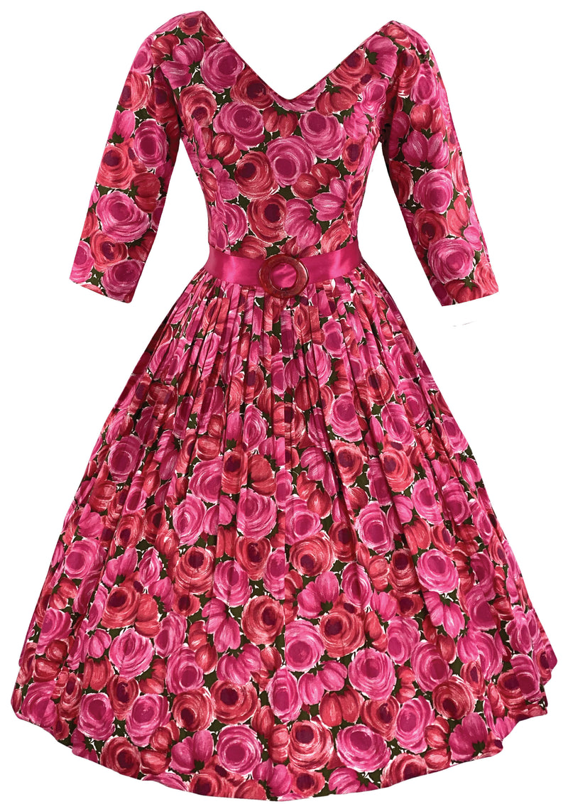 Gorgeous 1950s 1960s Magenta Roses Cotton Dress  - New!